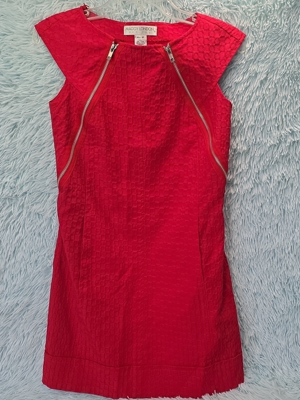 Maggy London Cherry Red Waffle Knit Dress Silver Zippers Petite 2P